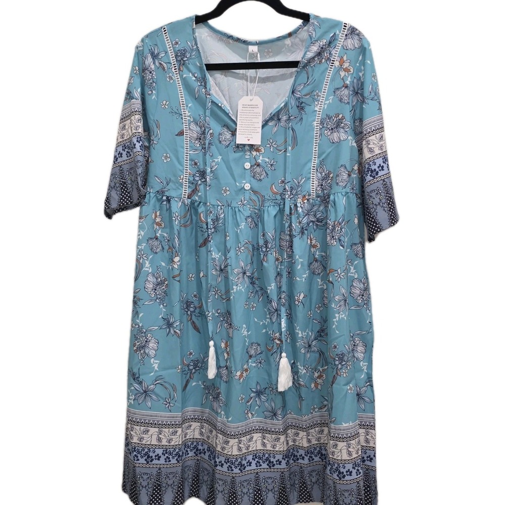 💙 NWT Made With ❤️ Boho Floral Midi Dress 👗 Women's Size‎ L Blue White